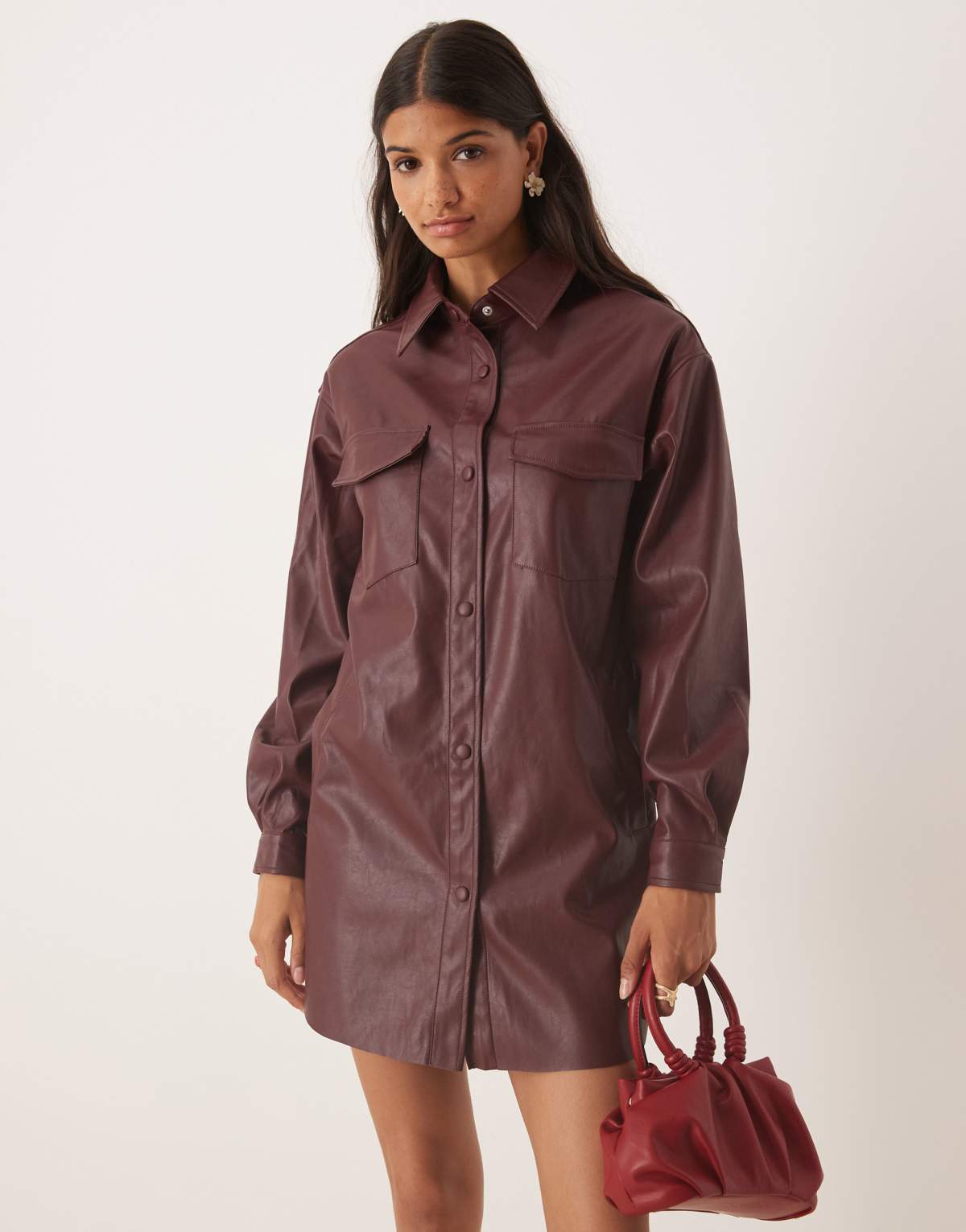 Glamorous  shirt mini dress in burgundy pu