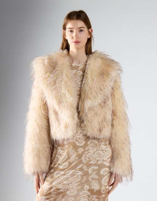 Glamorous Short fur jacket in off white brown, 4 of 4