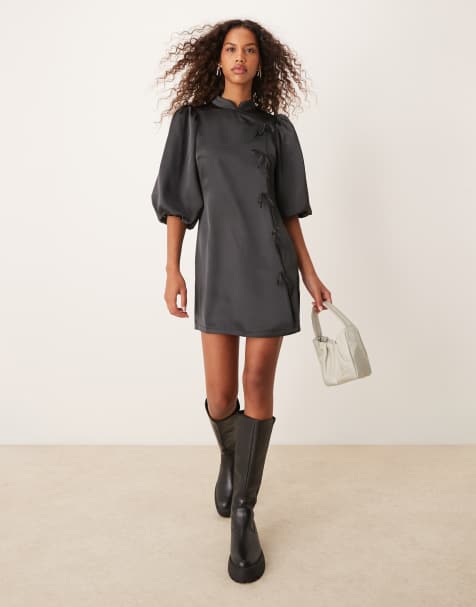 Glamorous short puff sleeve mini dress with side tie detail in black - view 1