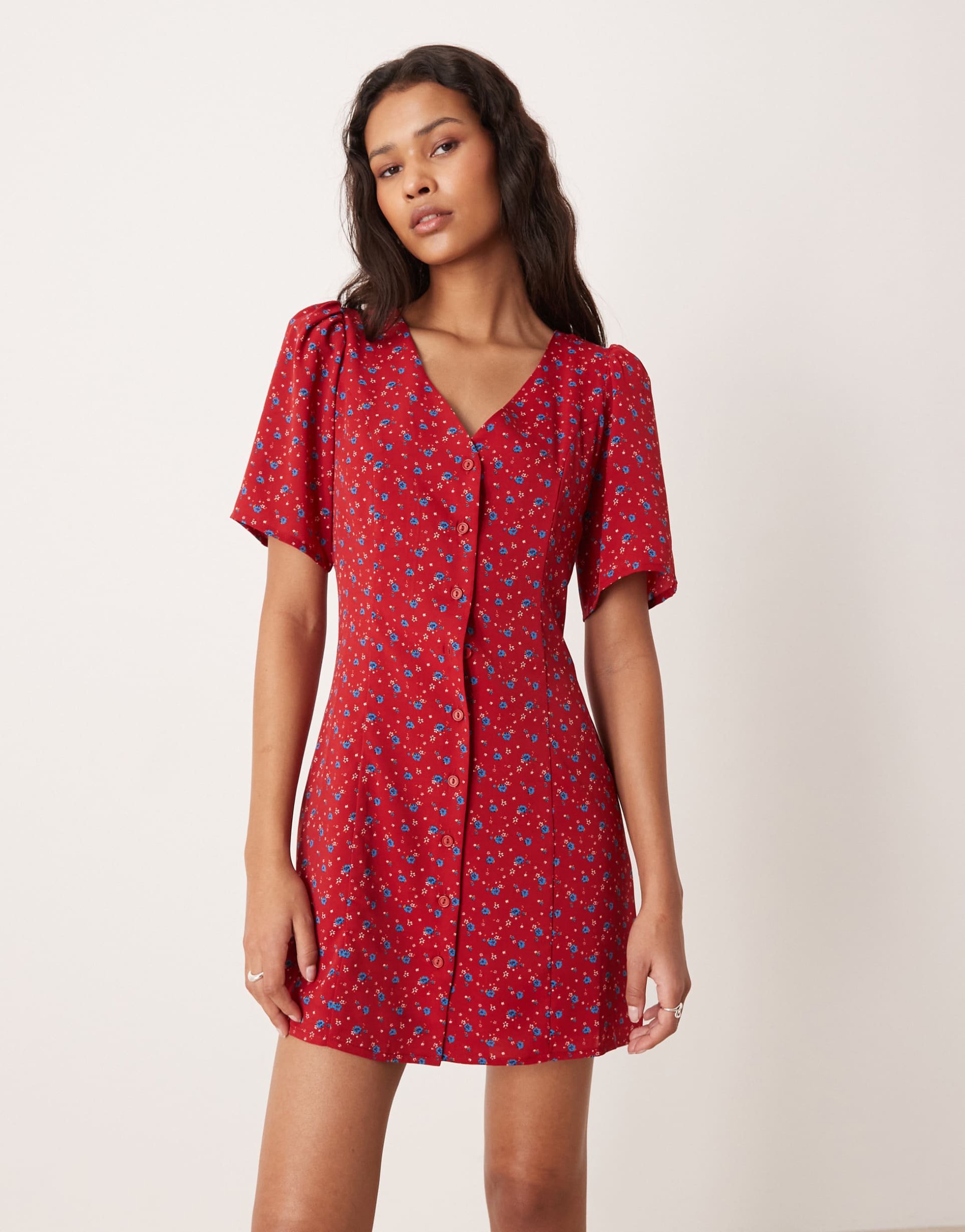glamorous short sleeve button down mini dress in floral
