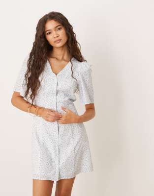 short sleeve button front tea dress in blue micro floral
