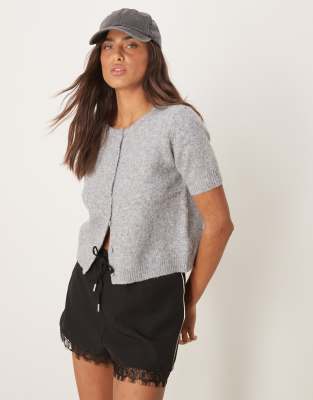 short sleeve button up cardigan in gray