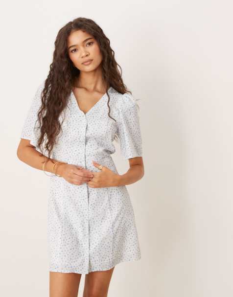 Glamorous short sleeve button up tea dress in blue ditsy floral - view 1