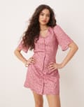 [Glamorous] Glamorous short sleeve button up tea dress in pink red ditsy floral 16 Pink red floral