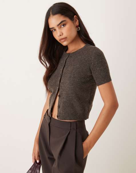 Glamorous short sleeve cardigan in dark brown marl - view 1