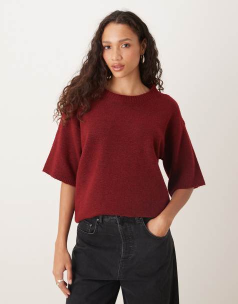 Glamorous short sleeve knit top in red - view 1