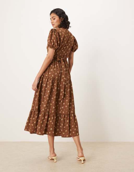 Glamorous short sleeve maxi wrap dress in brown ditsy floral, 3 of 4