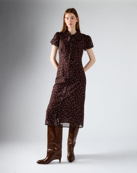 Glamorous Short sleeve midi dress in brown cream spot - view 1