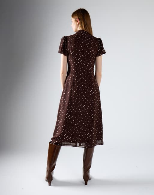 Glamorous Short sleeve midi dress in brown cream spot, 2 of 4