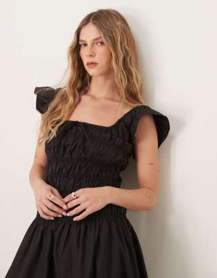 Glamorous Short Sleeve Shirred Poplin Midi Dress In Black