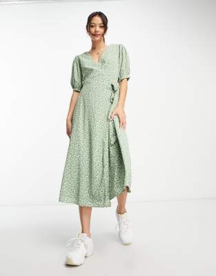 Glamorous short sleeve wrap midi dress in green ditsy floral