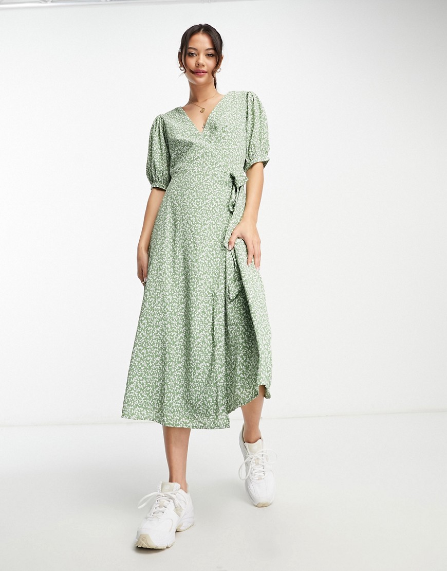 Glamorous short sleeve wrap midi dress in green ditsy floral-Multi