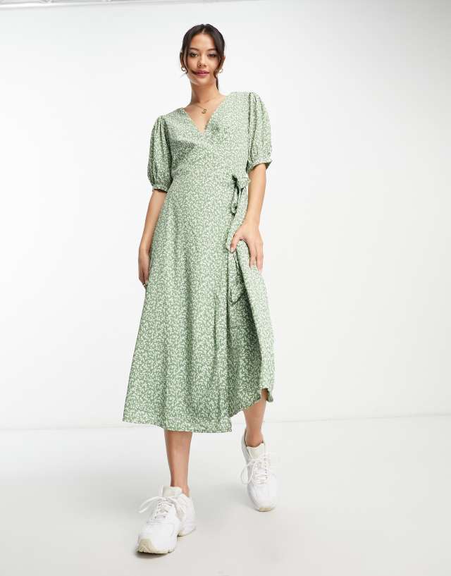 Glamorous short sleeve wrap midi dress in green micro floral