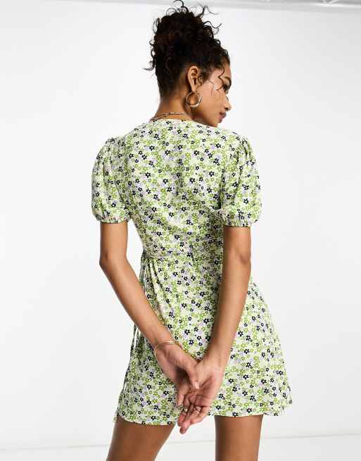 Petite Green Ditsy Floral Short Sleeve Mini Dress