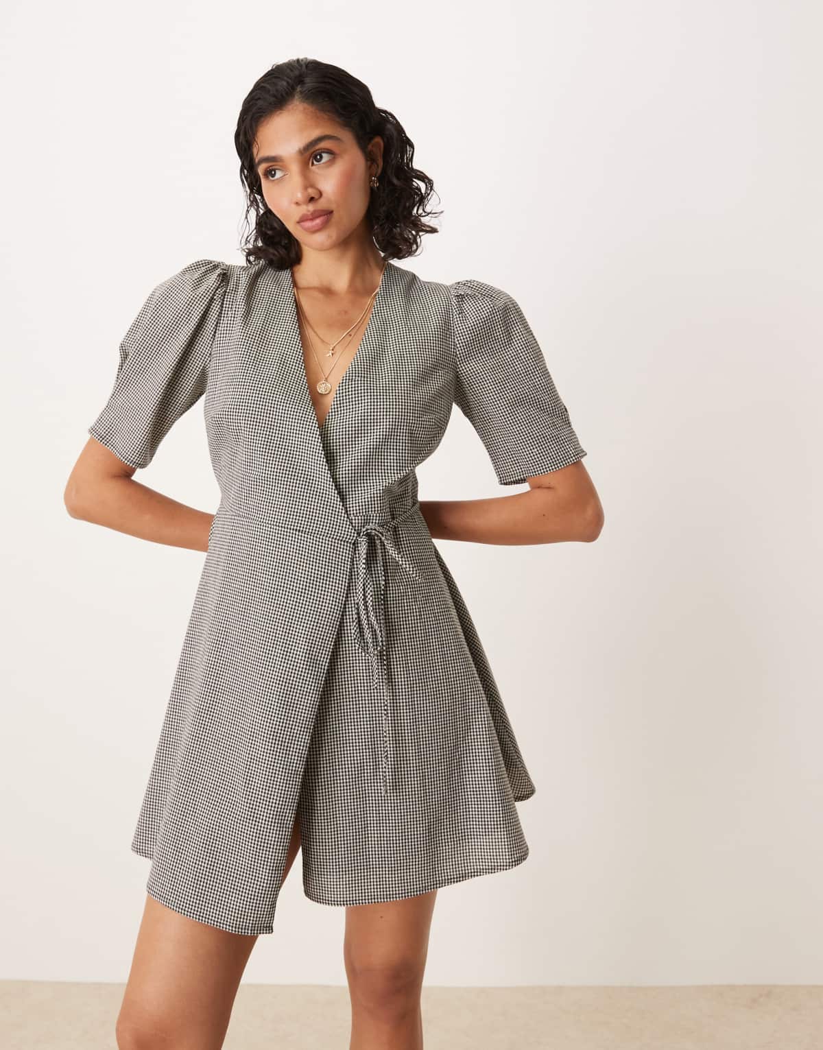 Glamorous short sleeve wrap mini dress in micro black check