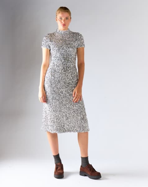Glamorous Short sleeves high neck midi dress in silver sequin