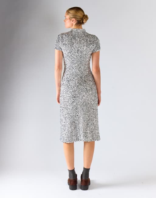 Glamorous Short sleeves high neck midi dress in silver sequin, 2 of 4