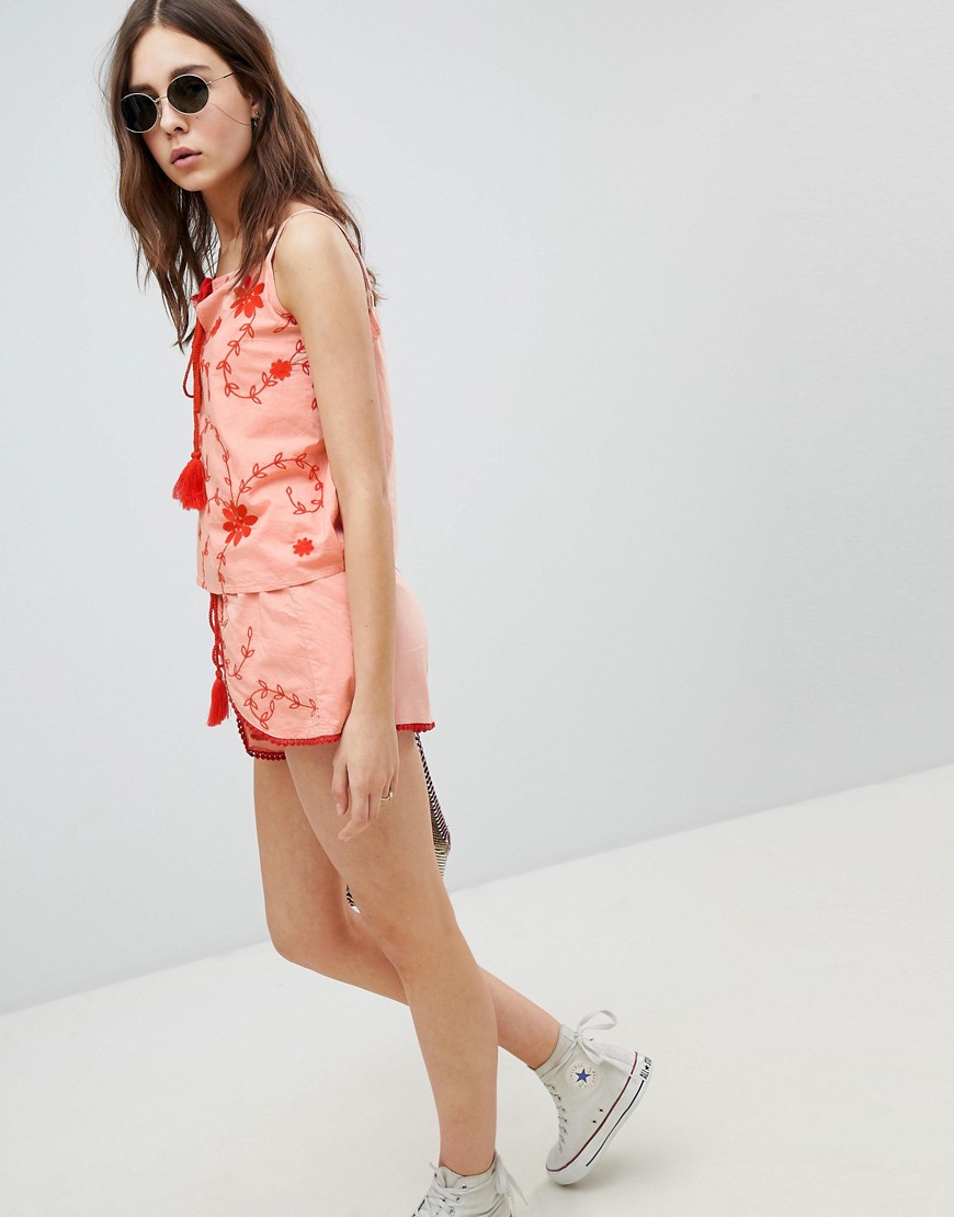 Glamorous Shorts With Wrap Front In Contrast Embroidery Co-Ord-Pink