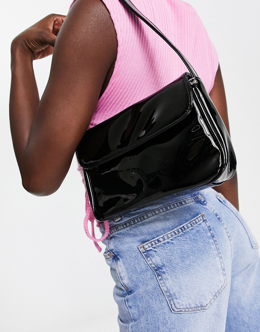 Glamorous shoulder bag in black patent PU