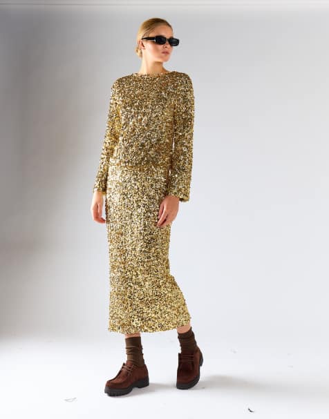 Glamorous Side slit midi skirt in gold sequin
