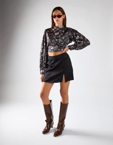 Glamorous Side slit mini skirt in black sateen