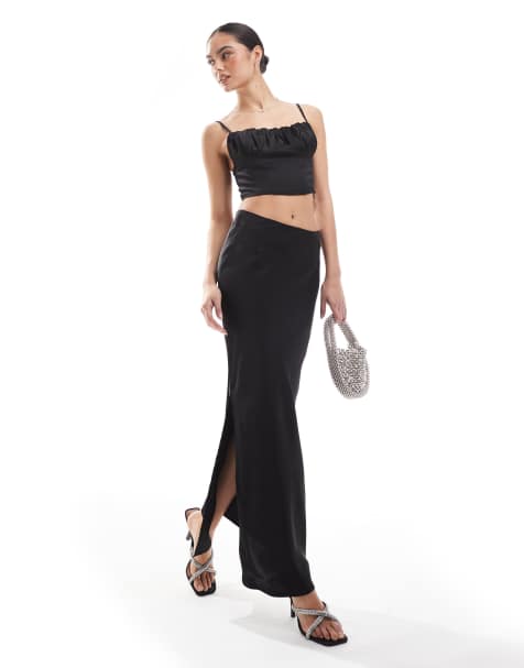 Glamorous side split maxi skirt in black satin