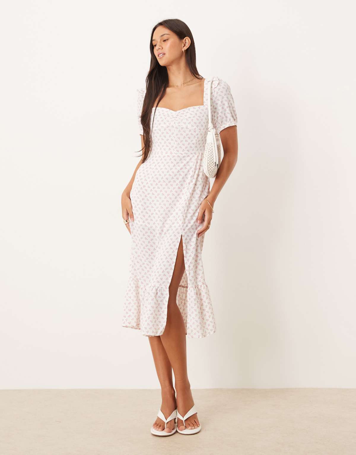 Glamorous Side split midi dress in white pink cluster ditsy