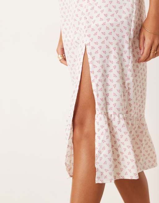 Glamorous Side split midi dress in white pink cluster ditsy, 2 of 4