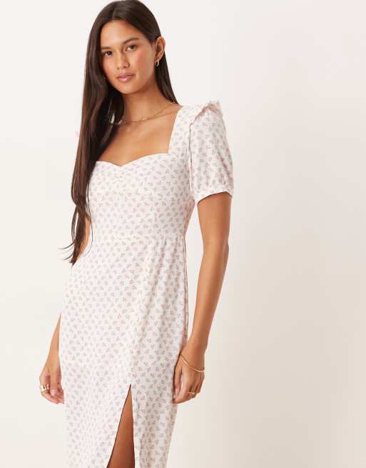 Glamorous Side split midi dress in white pink cluster ditsy, 4 of 4