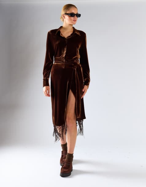 Glamorous Side split tassels midi skirt in brown velvet - view 1