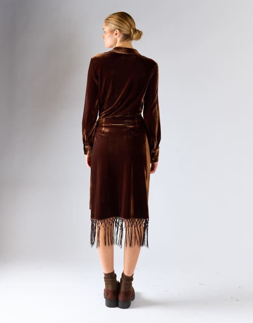Glamorous Side split tassels midi skirt in brown velvet, 2 of 4