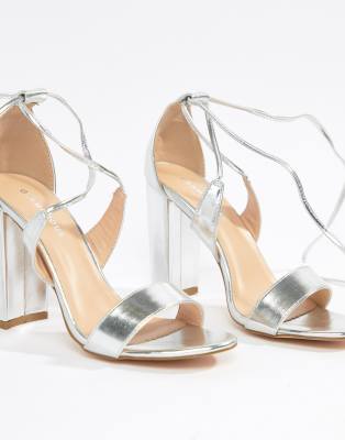 glamorous silver ankle tie block heeled sandals