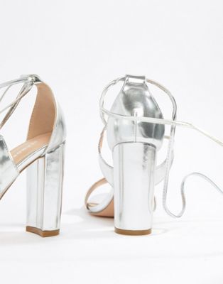 glamorous silver ankle tie block heeled sandals