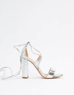 glamorous silver ankle tie block heeled sandals