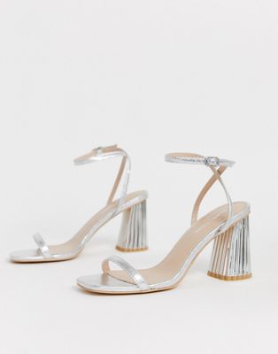 glamorous silver ankle tie block heeled sandals
