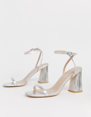 glamorous silver ankle tie block heeled sandals