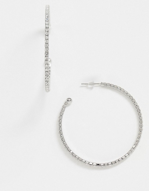 Glamorous silver hoops earrings with rhinestones