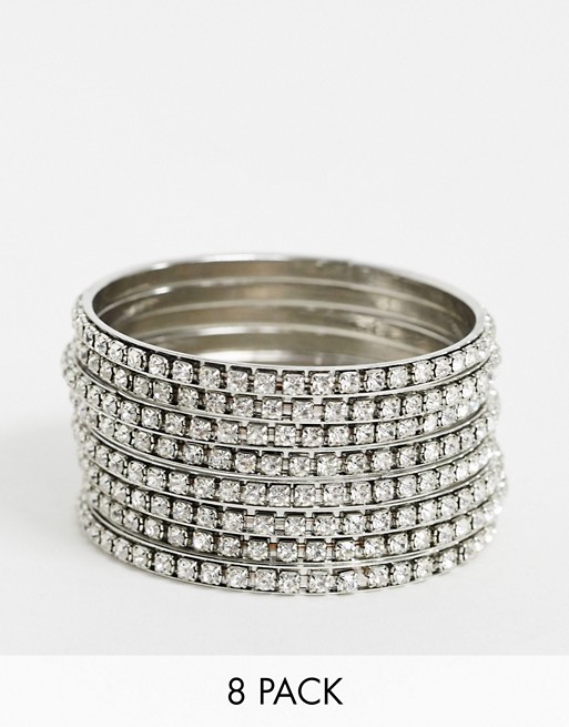 Glamorous silver rhinestone bangle bracelet multipack