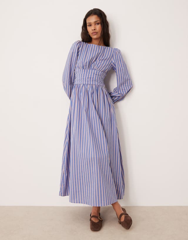 blue and orange striped maxi dress Glamorous sinched waist balloon sleeve in stripe or resort getaways
