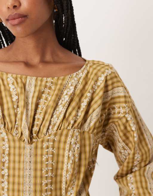 Glamorous sinched waist blouse in yellow check, 3 of 4