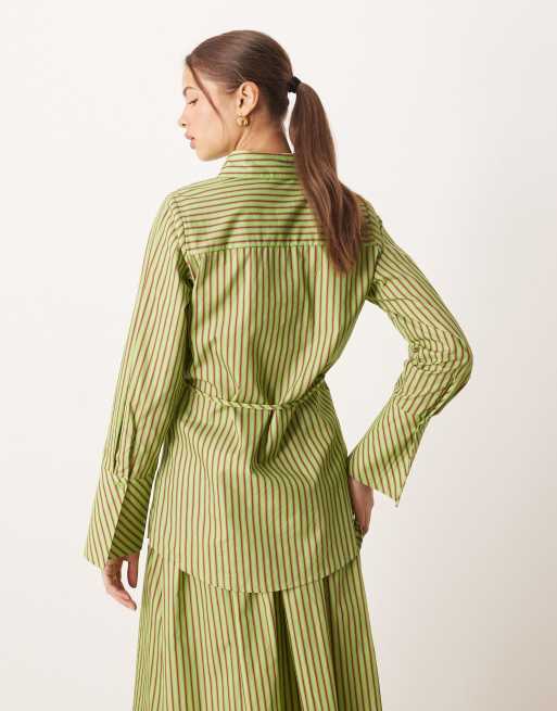 Glamorous sinched waist shirt in green red stripe, 4 of 4