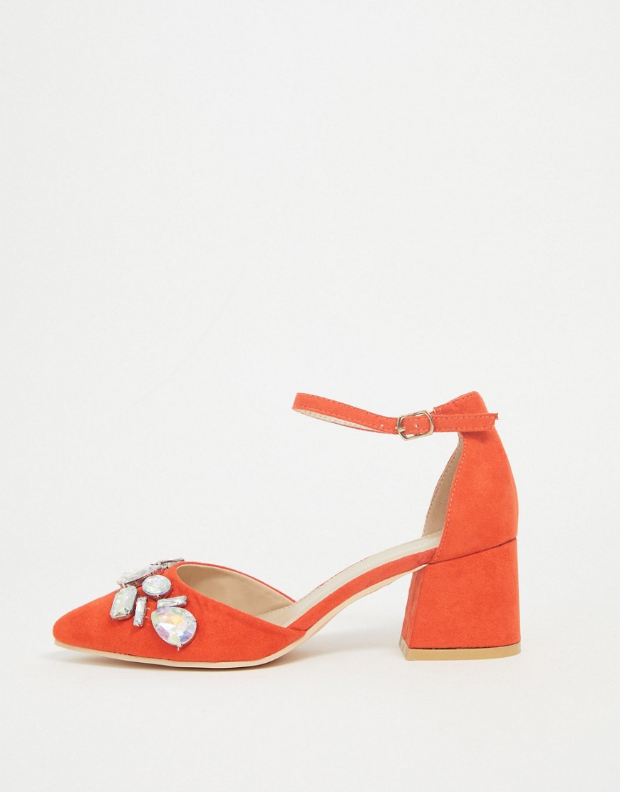 Glamorous - Sko med lave hæle og udsmykket med smykkesten-Orange