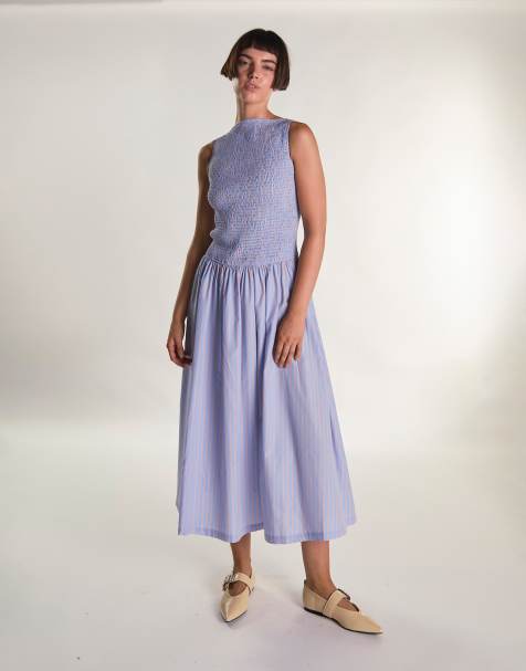 Glamorous Slash neck shirring midi dress in blue orange stripe