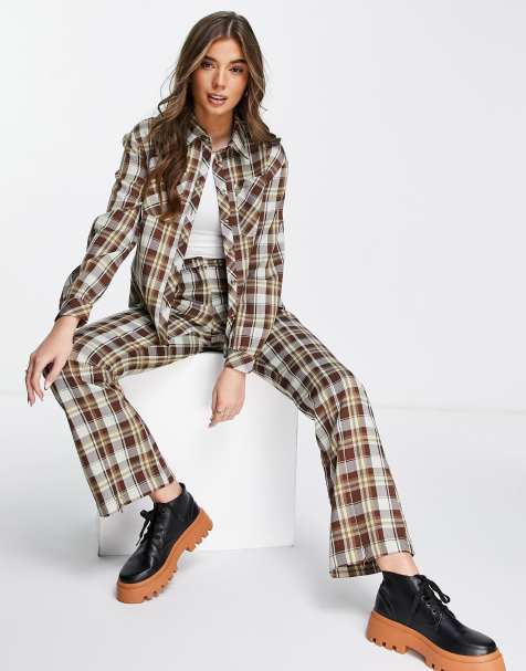 Glamorous slim flare trousers with split hem in grunge check co-ord - view 1