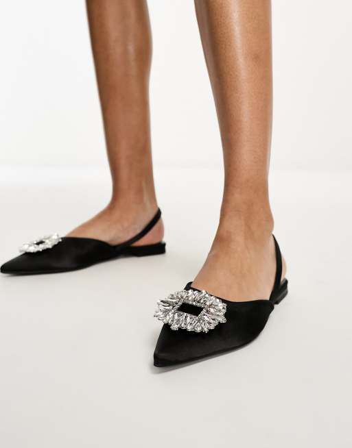 Glamorous Black Slingback Shoes for Women, Rhinestone Decor Point Toe Flats, CN39 Black Polyester