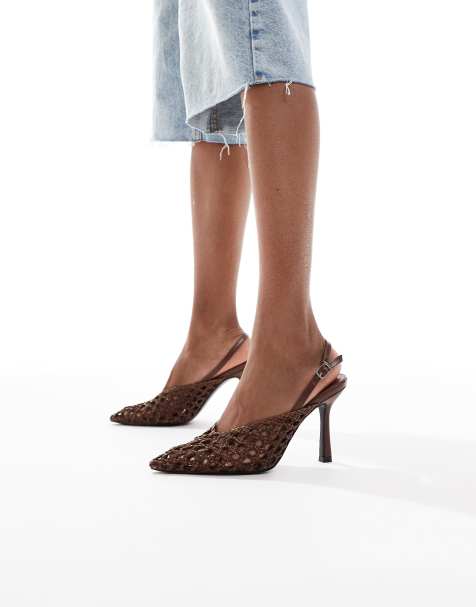 Glamorous slingback heeled shoes in woven brown - view 1