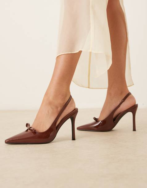 Glamorous slingback heeled shoes with bow in chocolate - view 1