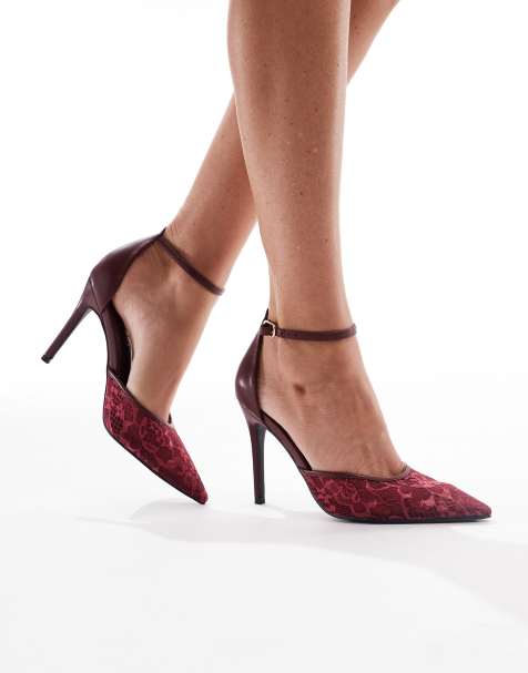 Glamorous slingback heeled shoes with lace detail in wine red - view 1