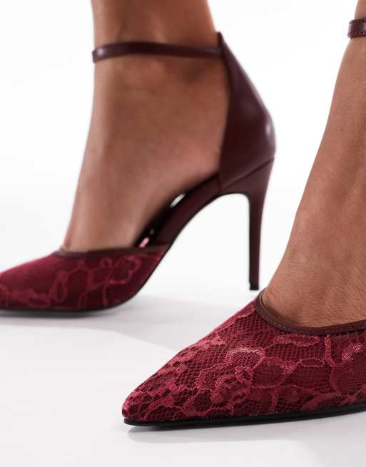 Glamorous slingback heeled shoes with lace detail in wine red, 2 of 4