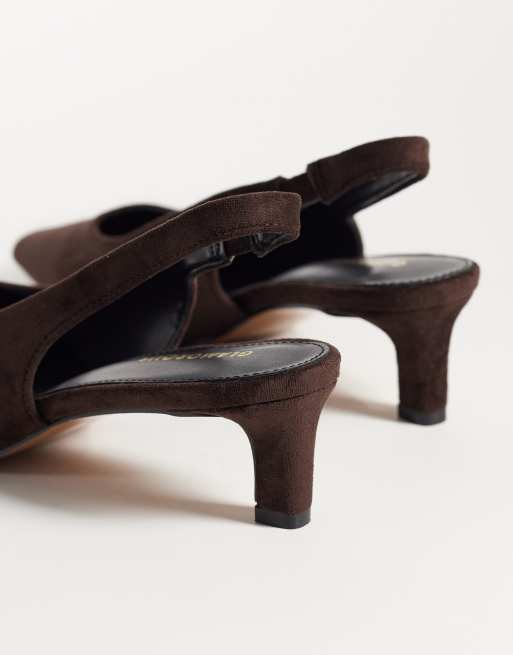 Glamorous slingback kitten heel shoes in brown suedette, 2 of 4
